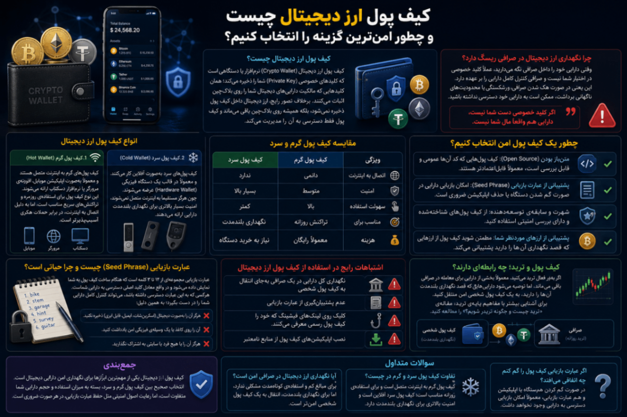 کیف پول ارز دیجیتال چیست؟ آموزش کامل انتخاب و نگهداری امن دارایی